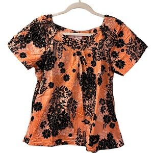 Koi Peach Orange & Black Floral Scrub Top